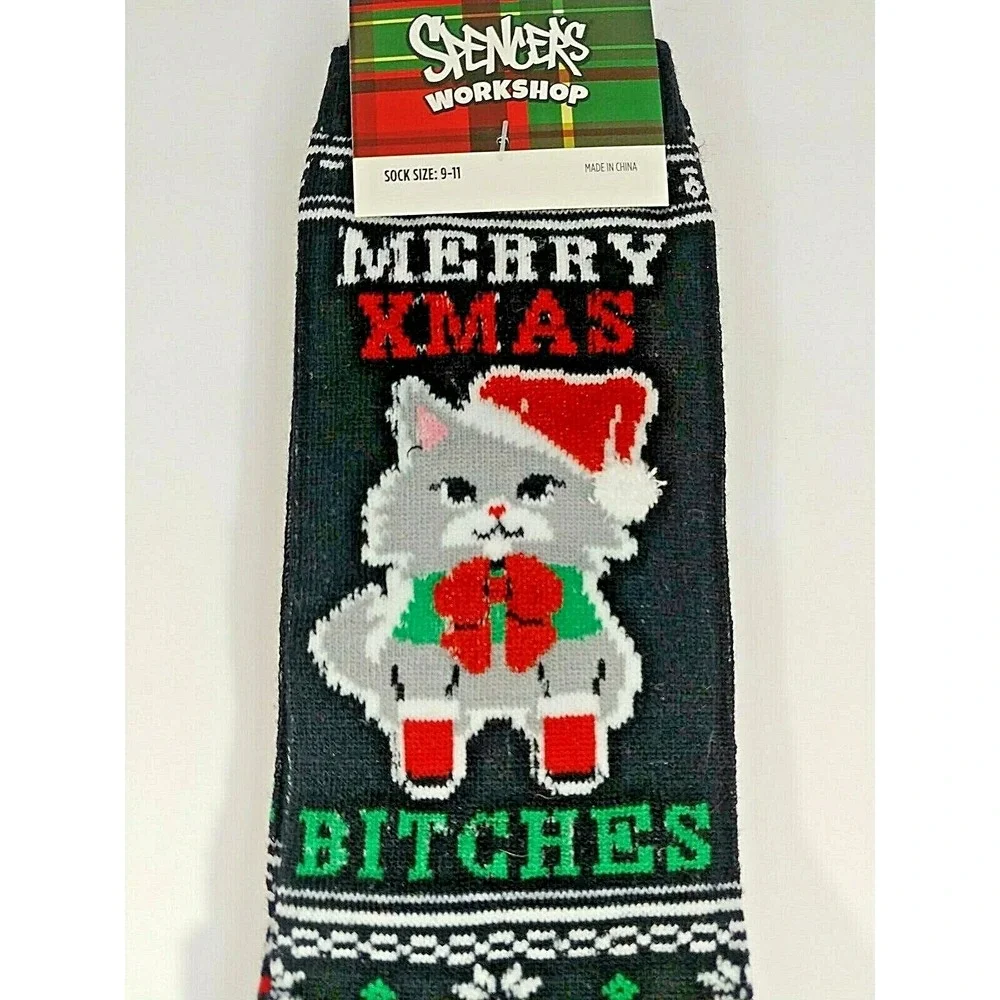 Spencer's Workshop Merry Christmas Bitches Long Black Patterned Cat Socks 9-11